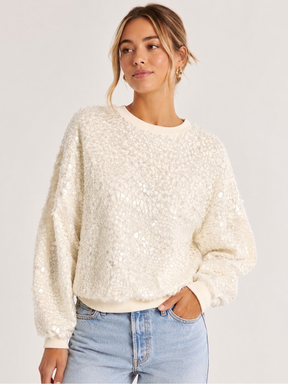 Pants Store Ivory Iridescent Sequin Textured Sweatshirt Pullover M